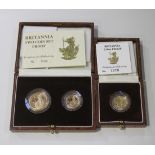 A Royal Mint Britannia gold two coin proof set 1988, comprising one quarter of an ounce and one