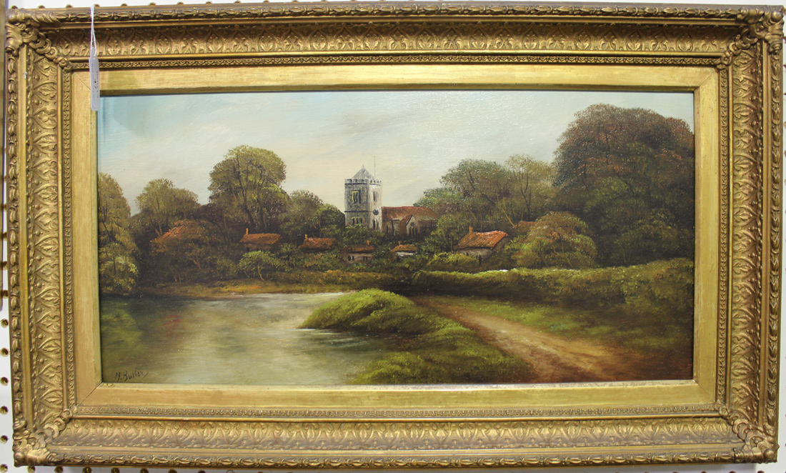 N. Burton - View of a Village, oil on panel, signed, 23.5cm, x 49.5cm, within a gilt composition