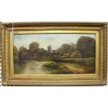 N. Burton - View of a Village, oil on panel, signed, 23.5cm, x 49.5cm, within a gilt composition