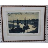 Norman Janes - Estuary Scene, monochrome print, 31cm x 43cm, together with a watercolour by H.