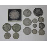 A small group of pre-decimal, pre-1920 silver coinage, comprising a Victoria Old Head crown 1897,