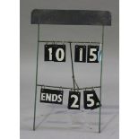 An early 20th century green painted metal folding scoreboard for outdoor bowls, height 80cm.