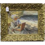 Continental School, probably Russian - Lady painting on a Beach, 20th century oil on canvas, 26cm