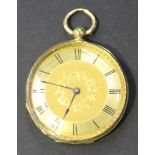 An 18ct gold cased keywind open-faced lady's fob watch with a gilt cylinder movement, detailed '