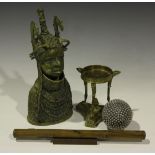 A 19th century cast ormolu tazza stand with griffon head supports united by a triform base, height