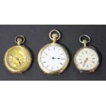 An 18ct gold cased keyless wind open-faced lady's fob watch with a gilt cylinder movement, gilt