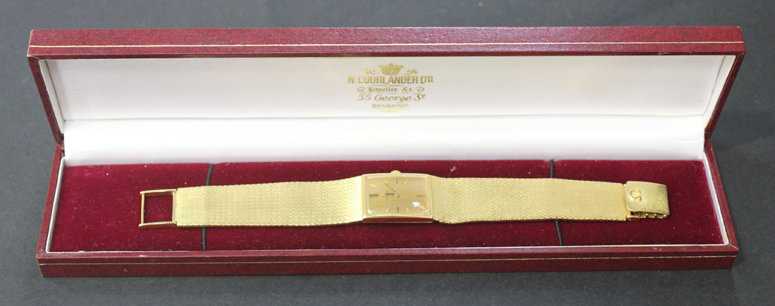 An Omega 18ct gold rectangular cased gentleman's bracelet wristwatch with a signed circular jewelled - Image 2 of 5