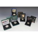 Five Royal Mint silver proof commemorative coins, comprising five pounds piedfort crown