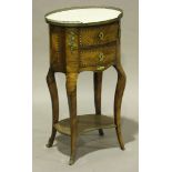 An early 20th century Louis XV style kingwood and marble topped bedside table, the brass galleried