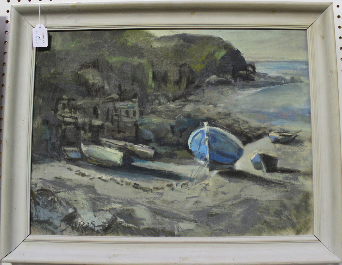 British School - Boats on a Shore, 20th century oil on canvas, signed with initials, 'R.D.S?',
