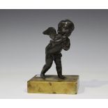 A 19th century Continental brown patinated cast bronze figure of Cupid, raised on a rectangular