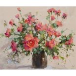 British School - Study of Roses in a Vase, late 20th century oil on board, indistinctly signed