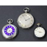 A silver keyless wind half-hunting cased lady's fob watch with a jewelled lever movement, the