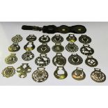 A collection of approximately twenty-five mainly 19th century horse brasses, two hung on a leather