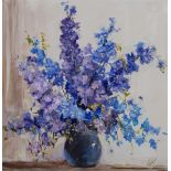 British School - Study of Delphiniums in a Vase, late 20th century oil on board, indistinctly signed