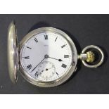 A silver keyless wind hunting cased gentleman's pocket watch, the gilt jewelled lever movement