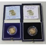 Two United Kingdom proof half-sovereigns 1988 and 1990, with individual Royal Mint cases.