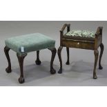 An early 20th century George III style walnut stool, the blue velour seat raised on cabriole legs