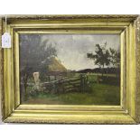 Walter Burroughs Fowler - Farm Scene, oil on panel, inscribed verso, 24cm x 34cm, within a gilt