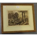 Circle of Charles Branwhite - Woodland View with River, sepia watercolour with scratching out,