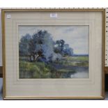 Circle of John Fraser - View of a Tree-lined River, watercolour, 28.5cm x 37.5cm, within a gilt