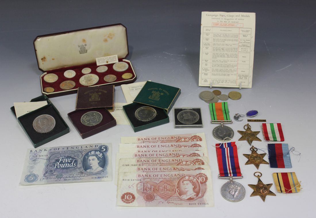 A group of mostly British coins, comprising three Festival of Britain crowns 1951 with cases, a