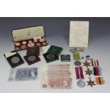 A group of mostly British coins, comprising three Festival of Britain crowns 1951 with cases, a
