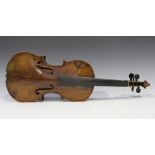 A violin bearing interior label marked 'Reparirt von P. Meinel ... Bale', with two-piece back,