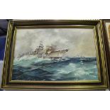W.F. Morley - A Naval Engagement, 20th century oil on canvas, signed, 49cm x 75cm, within a gilt
