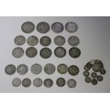 A group of Victorian silver coinage, comprising two crowns, two double florins, ten half-crowns, six