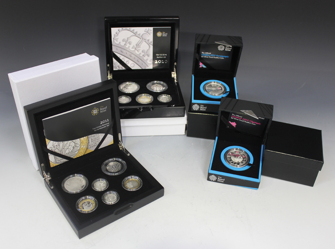 Four Royal Mint United Kingdom proof sets, comprising five coin silver piedfort set 2010, silver