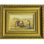 After Jean-François Millet - The Gleaners, watercolour and gouache, 8.5cm x 13.5cm, within a gilt