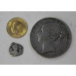 A George V half-sovereign 1925SA, a Victoria Young Head crown 1845 and a small silver coin.