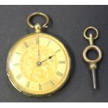 A gold cased keywind open-faced lady's fob watch with a gilt cylinder movement, detailed 'Baume
