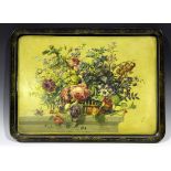 An early Victorian painted papier-mâché rectangular tea tray, finely decorated with a basket of