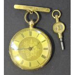 An 18ct gold cased keywind open-faced lady's fob watch with a gilt cylinder movement, the gold inner