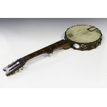 A late 19th century Tunbridge ware five string banjo, the fretboard and sides decorated with
