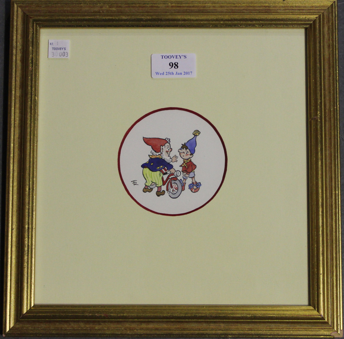 Robert Tyndall - Noddy and Big Ears, tondo watercolour, signed with monogram, diameter 9cm, within a