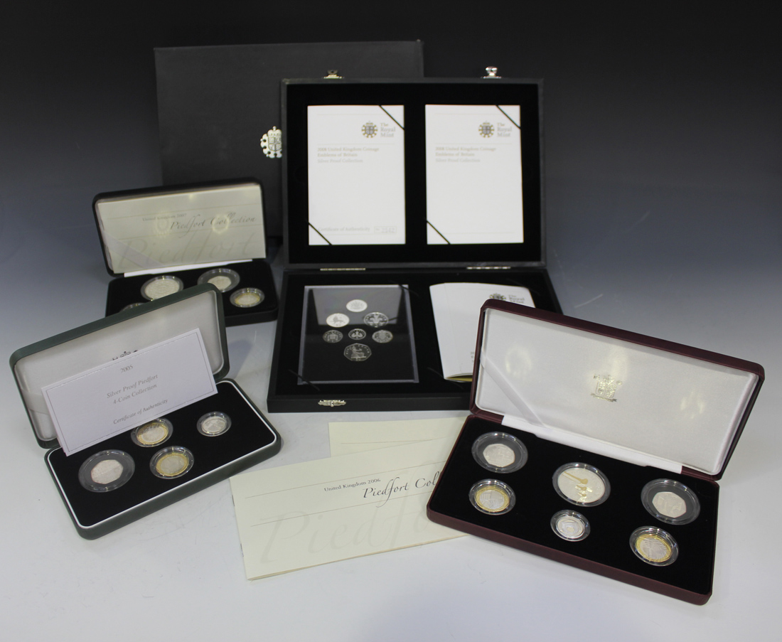 Four Royal Mint United Kingdom proof sets, comprising four coin silver piedfort set 2005, six coin