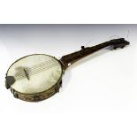 A late 19th century Tunbridge ware five string banjo, marked 'R.J. Ward & Son 10 St Anne St,