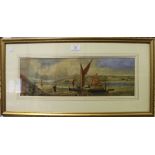 British School - Boats on an Estuary, late 19th century watercolour, 16cm x 49cm, within a gilt