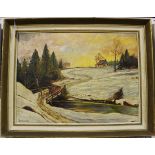 Continental School - Horse and Cart crossing a Bridge in a Snowy Landscape, 20th century oil on