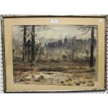 Russian School - Bear emerging from a Forest near a Hunter in a Tree, watercolour, indistinctly