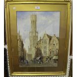 Piérre Le Boeuf - 'The Belfry, Bruges', watercolour, signed and titled, 53cm x 38cm, within a gilt