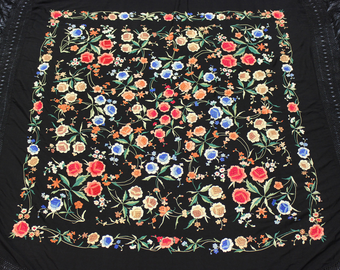 Two Chinese black silk embroidered shawls, early 20th century, each finely worked in coloured - Image 3 of 6