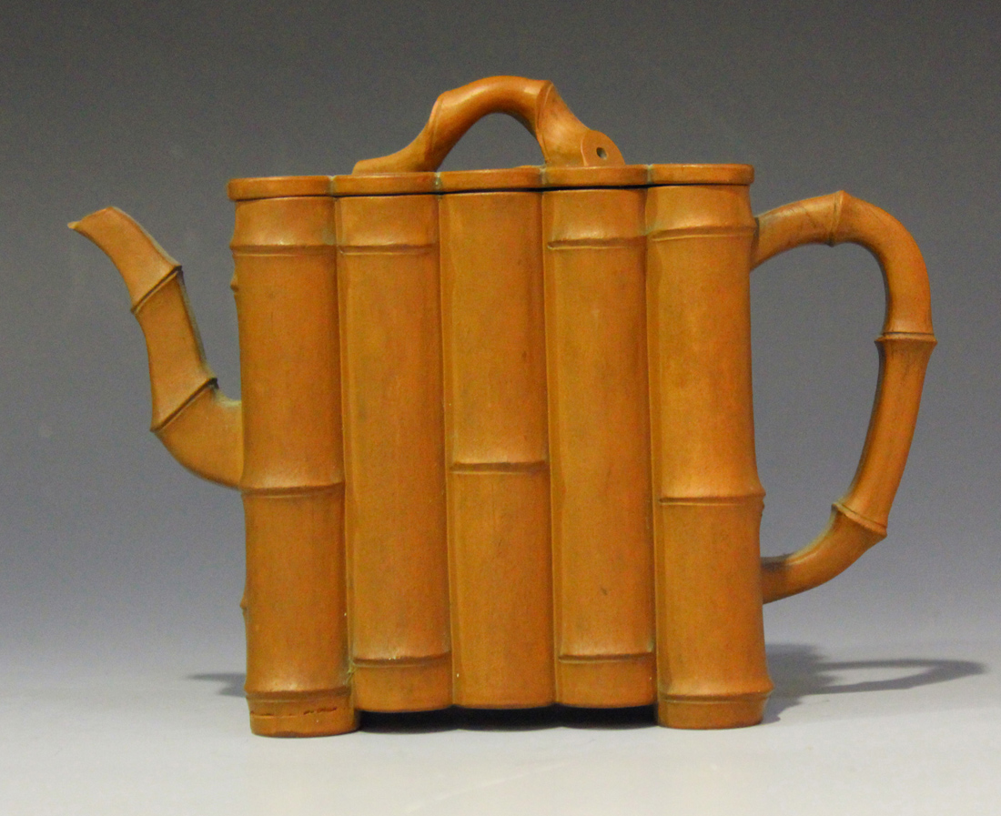 A Chinese Yixing stoneware teapot and cover, late Qing dynasty, of bamboo moulded rectangular - Image 3 of 7