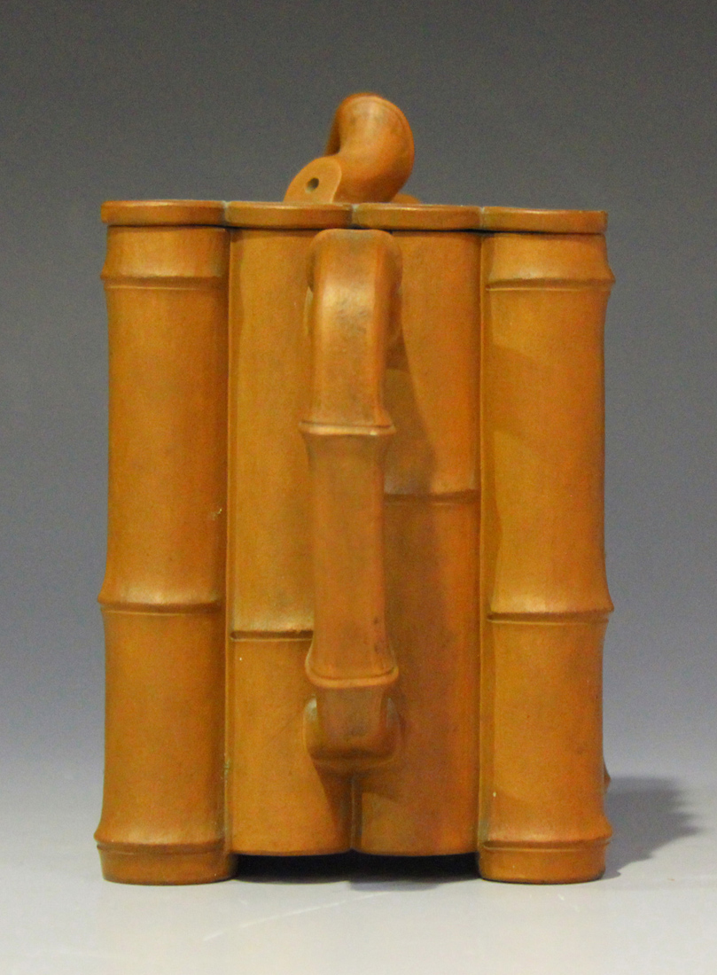 A Chinese Yixing stoneware teapot and cover, late Qing dynasty, of bamboo moulded rectangular - Image 4 of 7