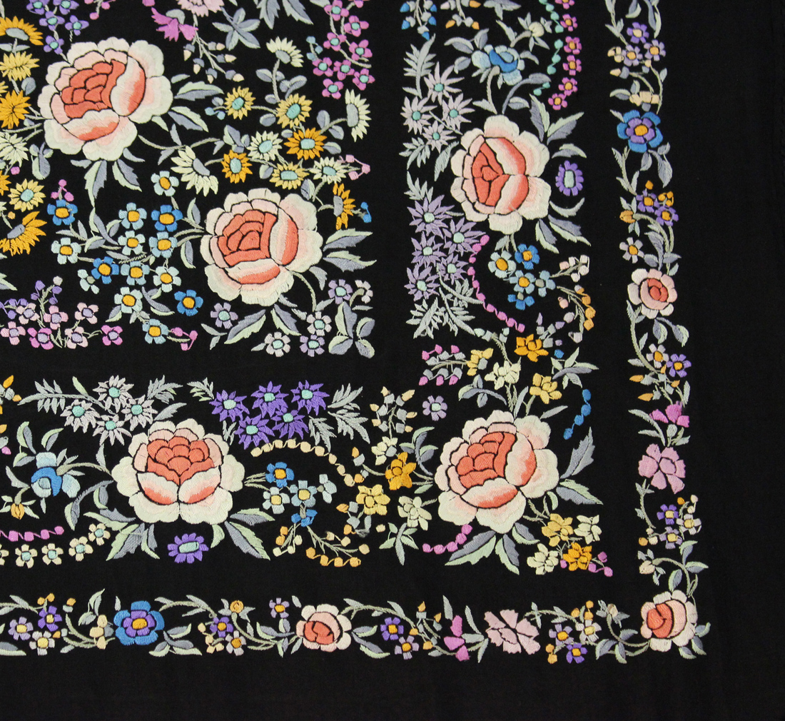 Two Chinese black silk embroidered shawls, early 20th century, each finely worked in coloured - Image 4 of 6