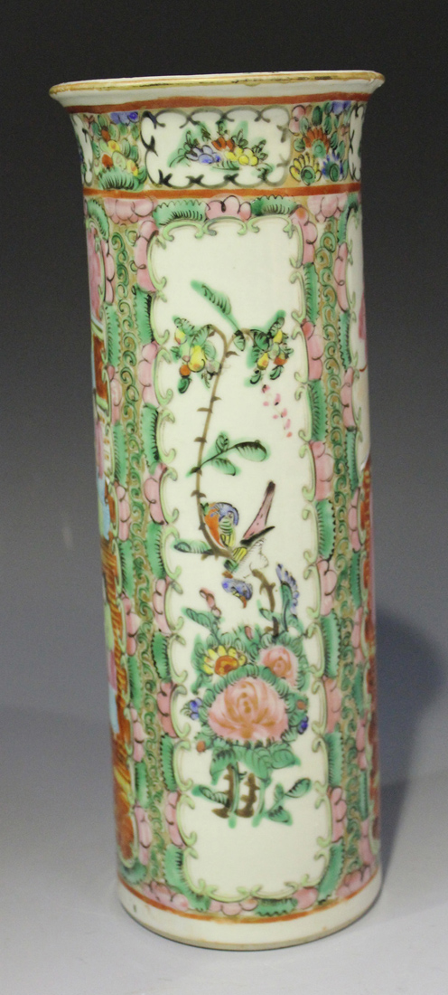 A Chinese Canton famille rose porcelain vase, late 19th century, of cylindrical form, painted with - Image 3 of 3