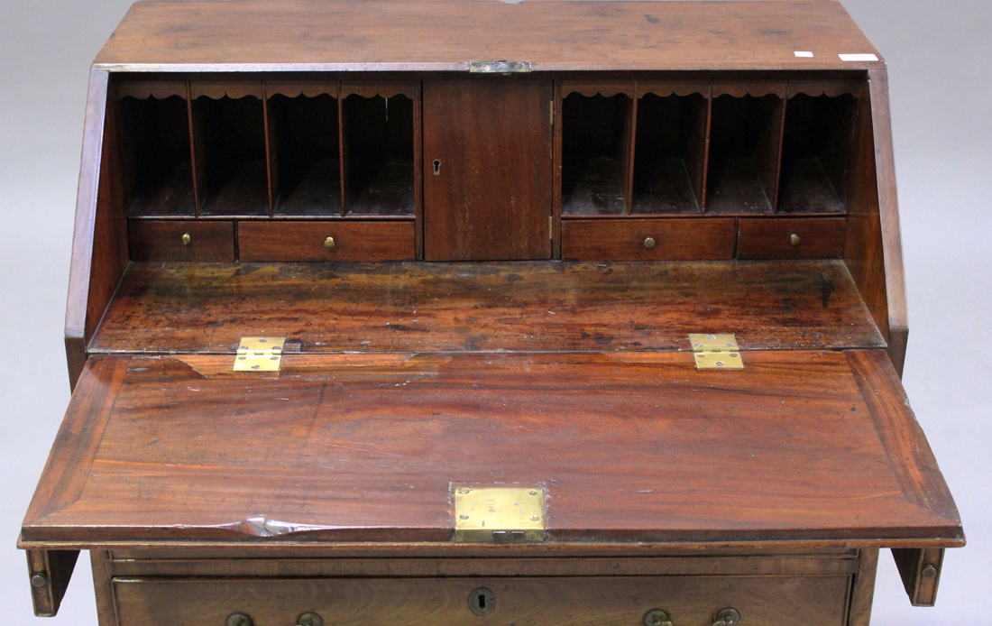 A George III mahogany bureau, the fall front revealing a fitted interior above four graduated long - Image 2 of 2